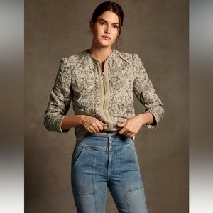 Anthropologie Quilted Floral Bomber Jacket in Taupe and Olive